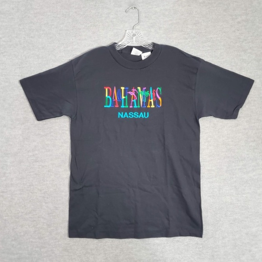 VINTAGE Bahamas Nassau Men Shirt Large Black Rainbow Dolphin‎ Single Stitch Tee